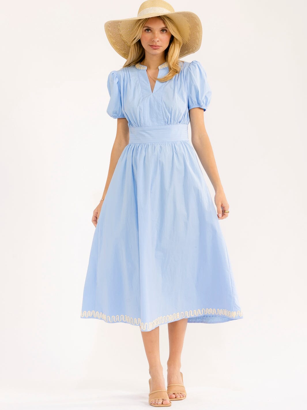WOMEN'S SHORT PUFF SLEEVE V-NECK FIT & FLARE MAXI DRESS