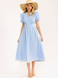 WOMEN'S SHORT PUFF SLEEVE V-NECK FIT & FLARE MAXI DRESS