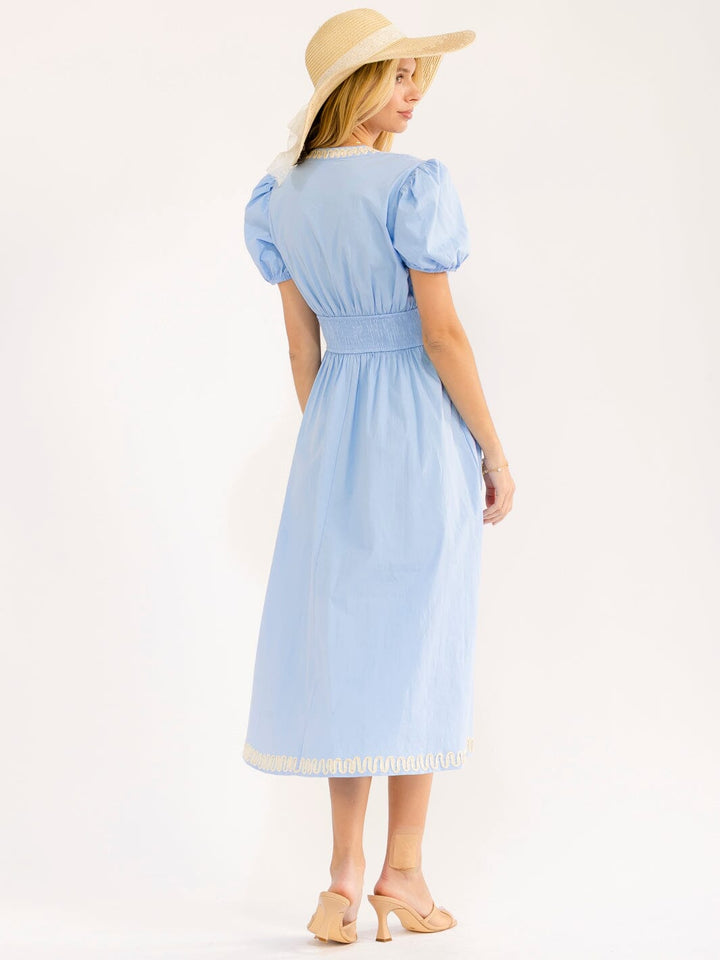 WOMEN'S SHORT PUFF SLEEVE V-NECK FIT & FLARE MAXI DRESS