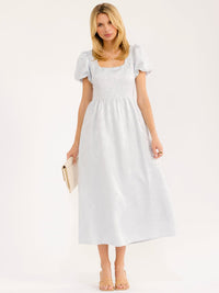 WOMEN'S SHORT PUFF SLEEVE SQUARE NECK FIT & FLARE OPEN BACK MAXI DRESS