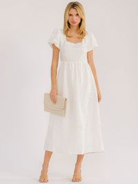 WOMEN'S SHORT PUFF SLEEVE SQUARE NECK FIT & FLARE OPEN BACK MAXI DRESS