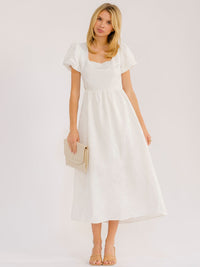 WOMEN'S SHORT PUFF SLEEVE SQUARE NECK FIT & FLARE OPEN BACK MAXI DRESS