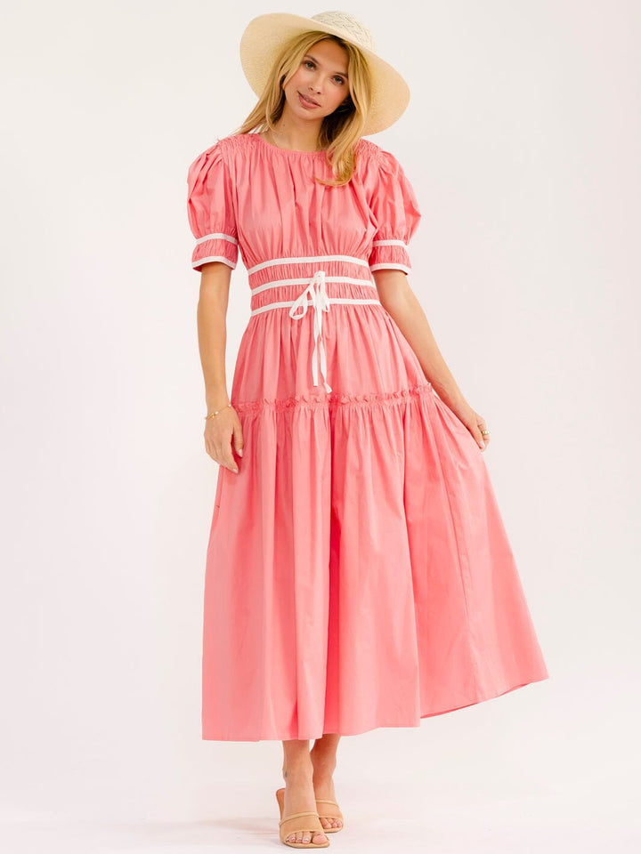 WOMEN'S SHORT PUFF SLEEVE ELASTIC WAIST MAXI DRESS