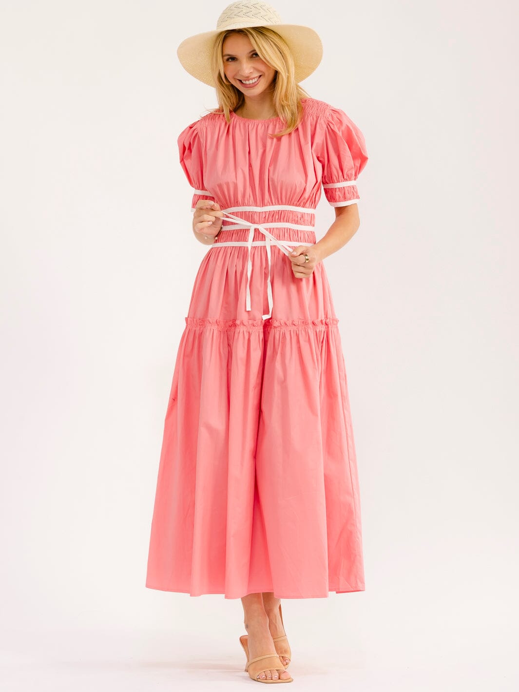 WOMEN'S SHORT PUFF SLEEVE ELASTIC WAIST MAXI DRESS