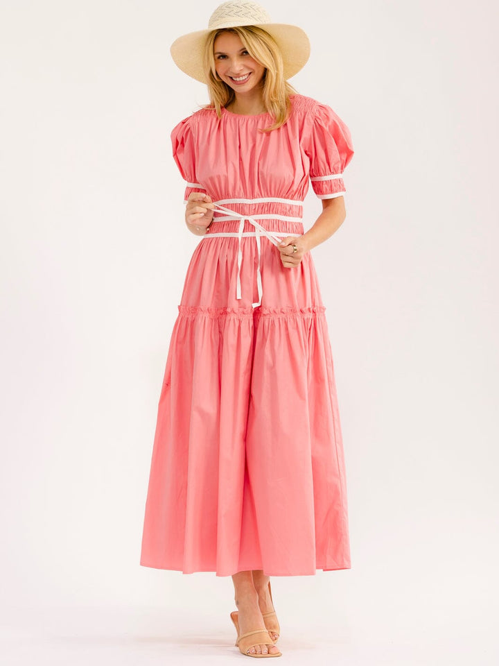 WOMEN'S SHORT PUFF SLEEVE ELASTIC WAIST MAXI DRESS