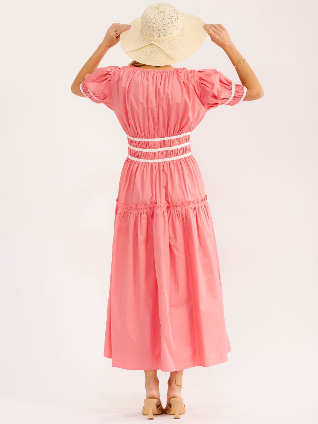 WOMEN'S SHORT PUFF SLEEVE ELASTIC WAIST MAXI DRESS