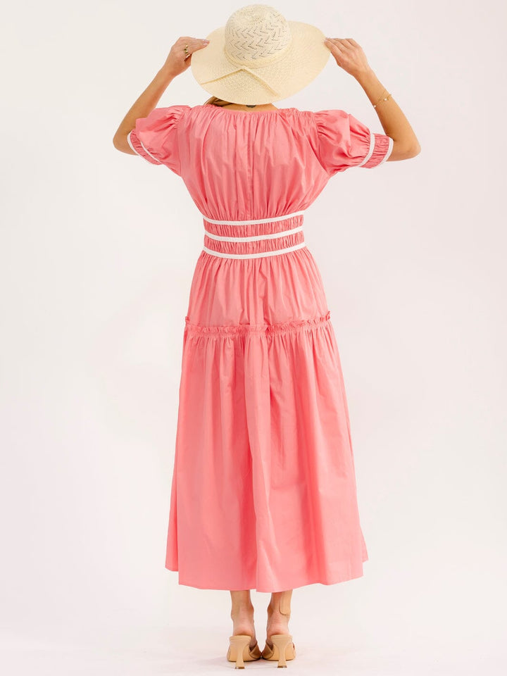 WOMEN'S SHORT PUFF SLEEVE ELASTIC WAIST MAXI DRESS