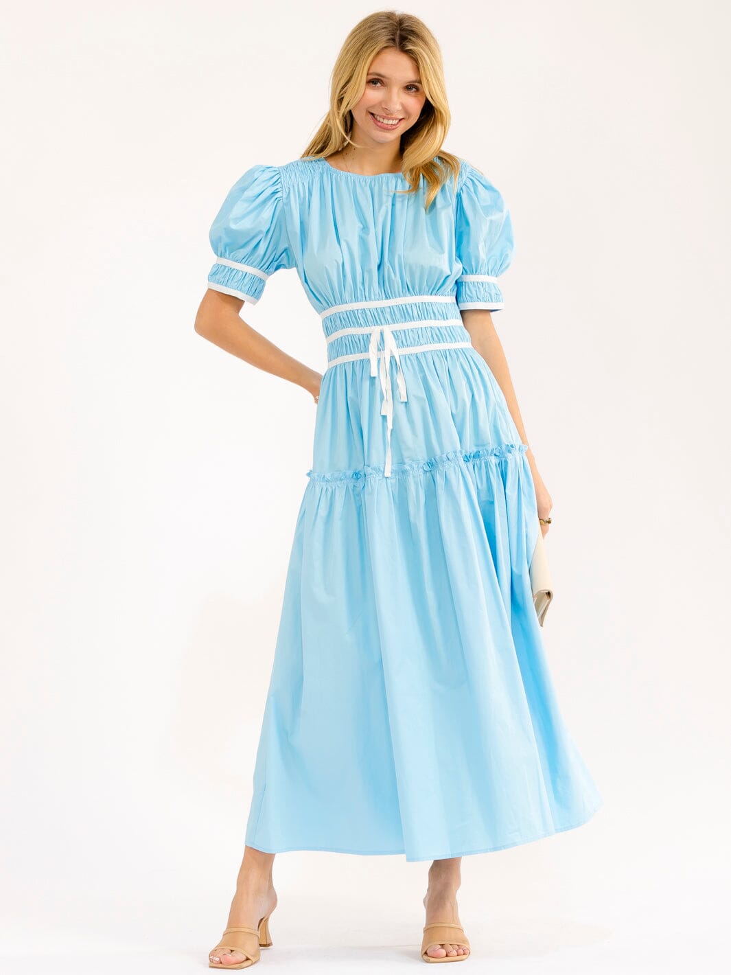 WOMEN'S SHORT PUFF SLEEVE ELASTIC WAIST MAXI DRESS