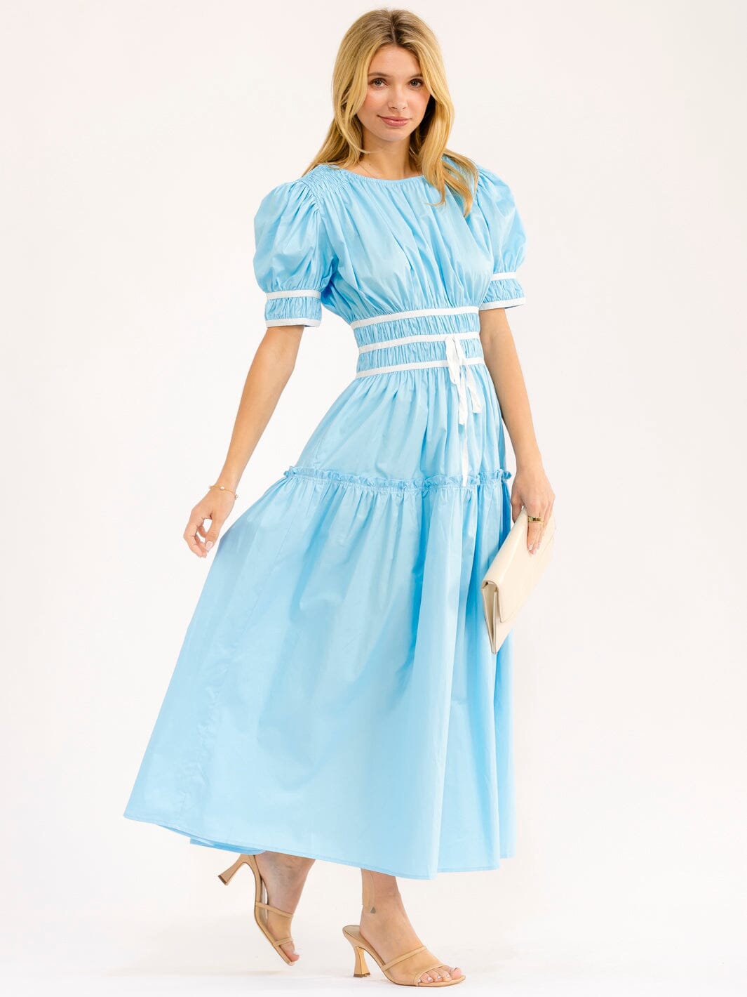 WOMEN'S SHORT PUFF SLEEVE ELASTIC WAIST MAXI DRESS