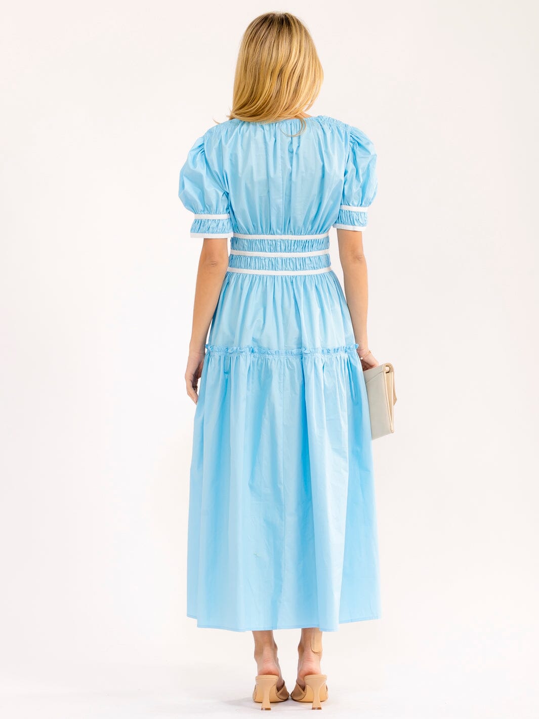 WOMEN'S SHORT PUFF SLEEVE ELASTIC WAIST MAXI DRESS