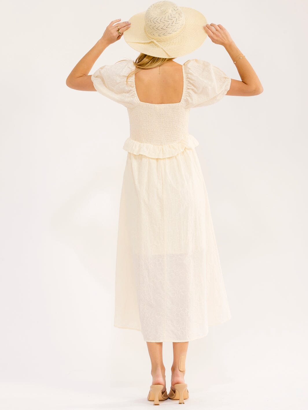 WOMEN'S SHORT PUFF SLEEVE SMOCK RUFFLE MAXI DRESS