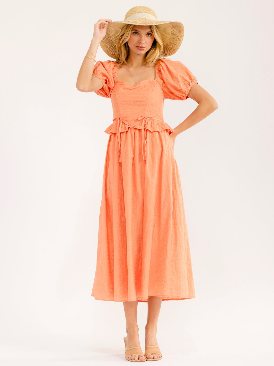 WOMEN'S SHORT PUFF SLEEVE SMOCK RUFFLE MAXI DRESS