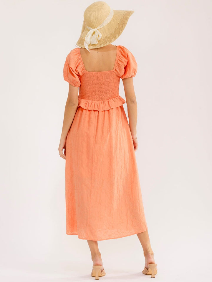 WOMEN'S SHORT PUFF SLEEVE SMOCK RUFFLE MAXI DRESS