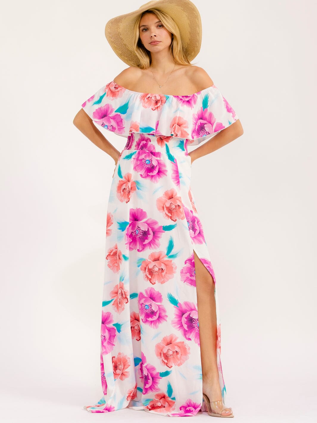 WOMEN'S OFF SHOULDER SHORT SLEEVE SMOCK WAIST SIDE SLIT FLORAL MAXI DRESS