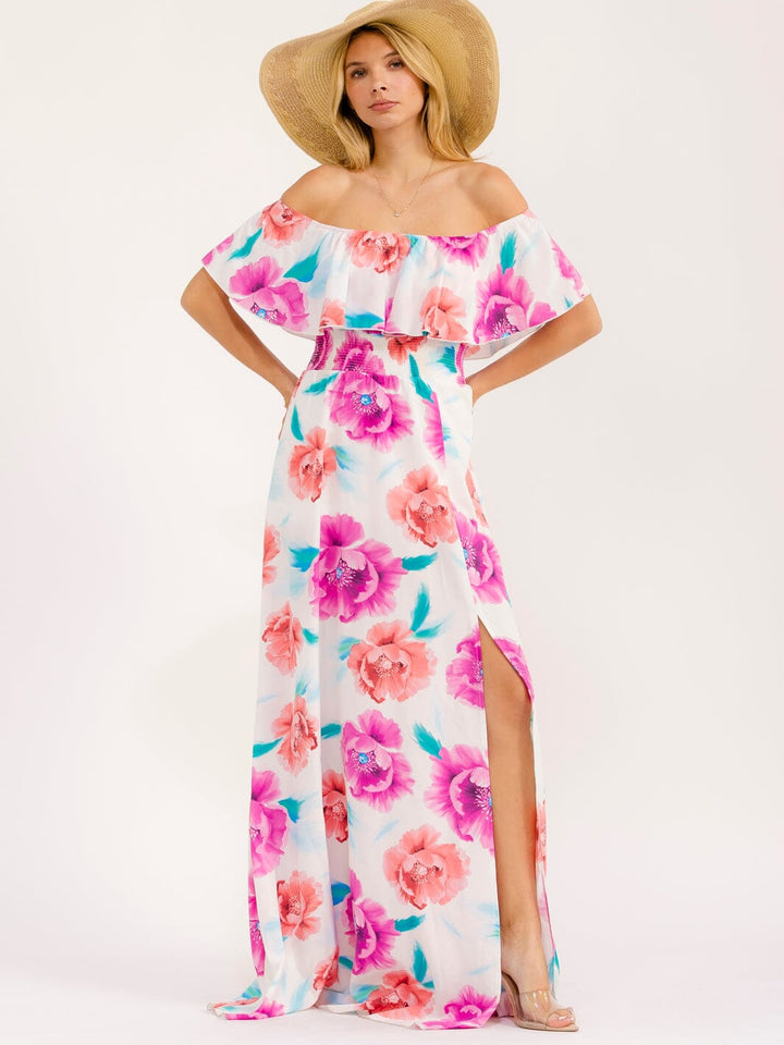 WOMEN'S OFF SHOULDER SHORT SLEEVE SMOCK WAIST SIDE SLIT FLORAL MAXI DRESS