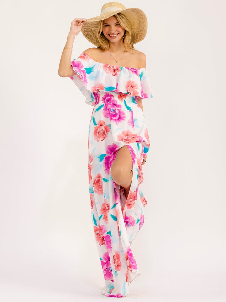 WOMEN'S OFF SHOULDER SHORT SLEEVE SMOCK WAIST SIDE SLIT FLORAL MAXI DRESS