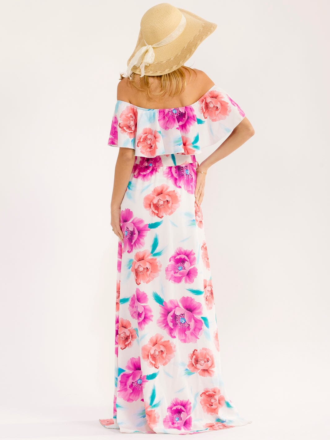 WOMEN'S OFF SHOULDER SHORT SLEEVE SMOCK WAIST SIDE SLIT FLORAL MAXI DRESS