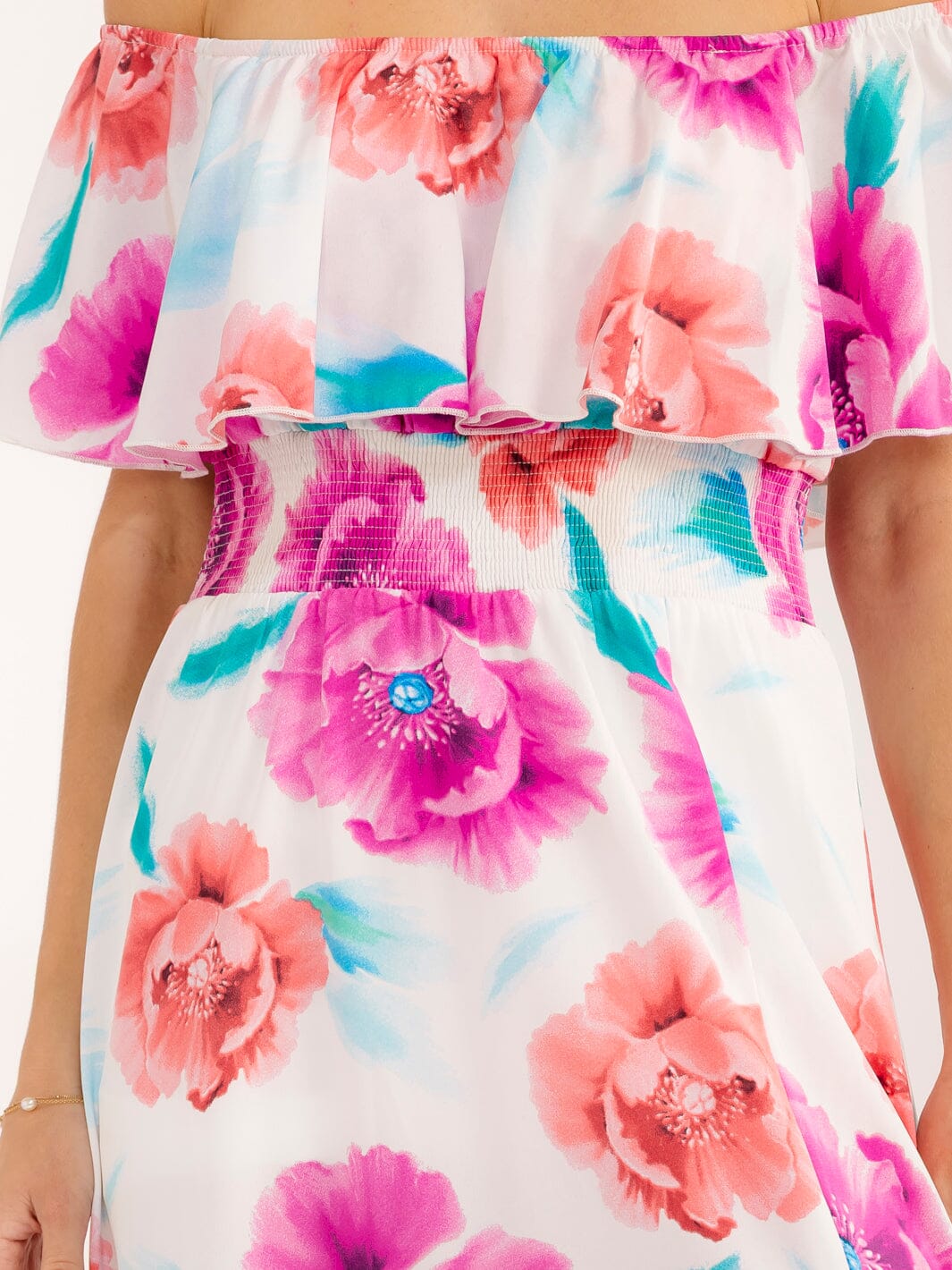 WOMEN'S OFF SHOULDER SHORT SLEEVE SMOCK WAIST SIDE SLIT FLORAL MAXI DRESS