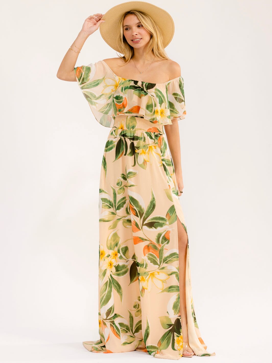 WOMEN'S OFF SHOULDER SHORT SLEEVE SMOCK WAIST SIDE SLIT FLORAL MAXI DRESS