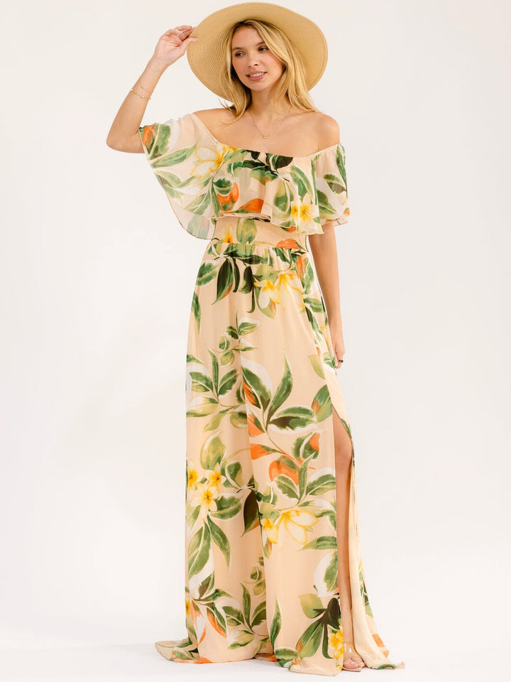 WOMEN'S OFF SHOULDER SHORT SLEEVE SMOCK WAIST SIDE SLIT FLORAL MAXI DRESS