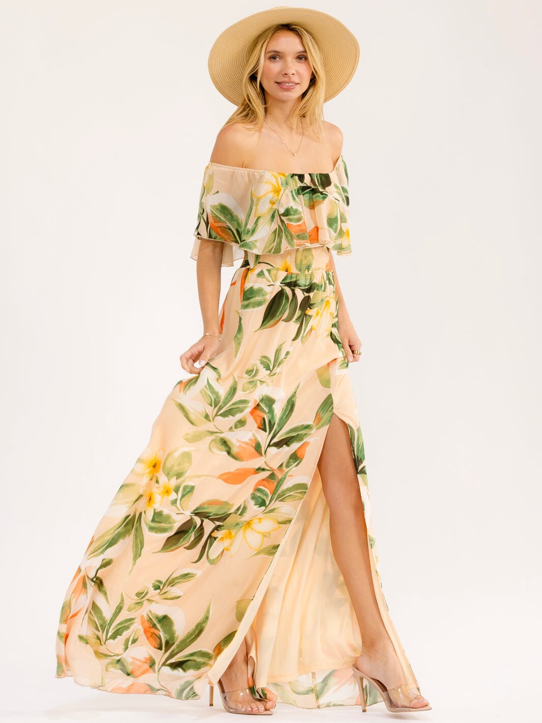 WOMEN'S OFF SHOULDER SHORT SLEEVE SMOCK WAIST SIDE SLIT FLORAL MAXI DRESS