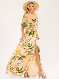 WOMEN'S OFF SHOULDER SHORT SLEEVE SMOCK WAIST SIDE SLIT FLORAL MAXI DRESS