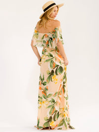WOMEN'S OFF SHOULDER SHORT SLEEVE SMOCK WAIST SIDE SLIT FLORAL MAXI DRESS