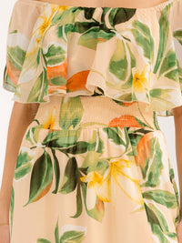 WOMEN'S OFF SHOULDER SHORT SLEEVE SMOCK WAIST SIDE SLIT FLORAL MAXI DRESS