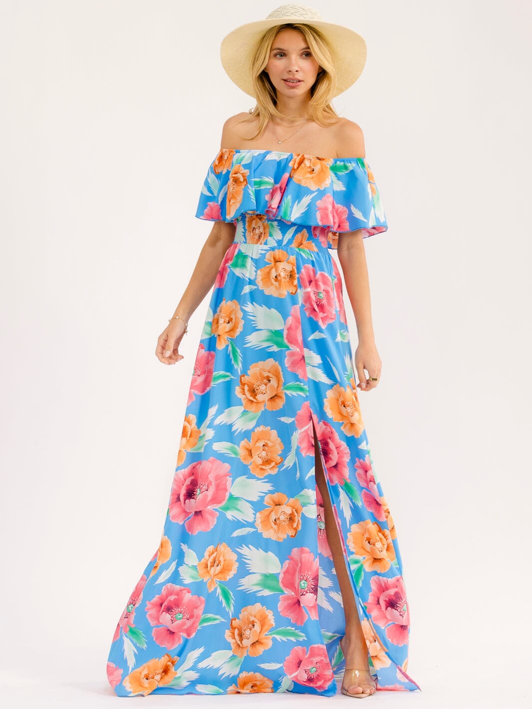 WOMEN'S OFF SHOULDER SHORT SLEEVE SMOCK WAIST SIDE SLIT FLORAL MAXI DRESS