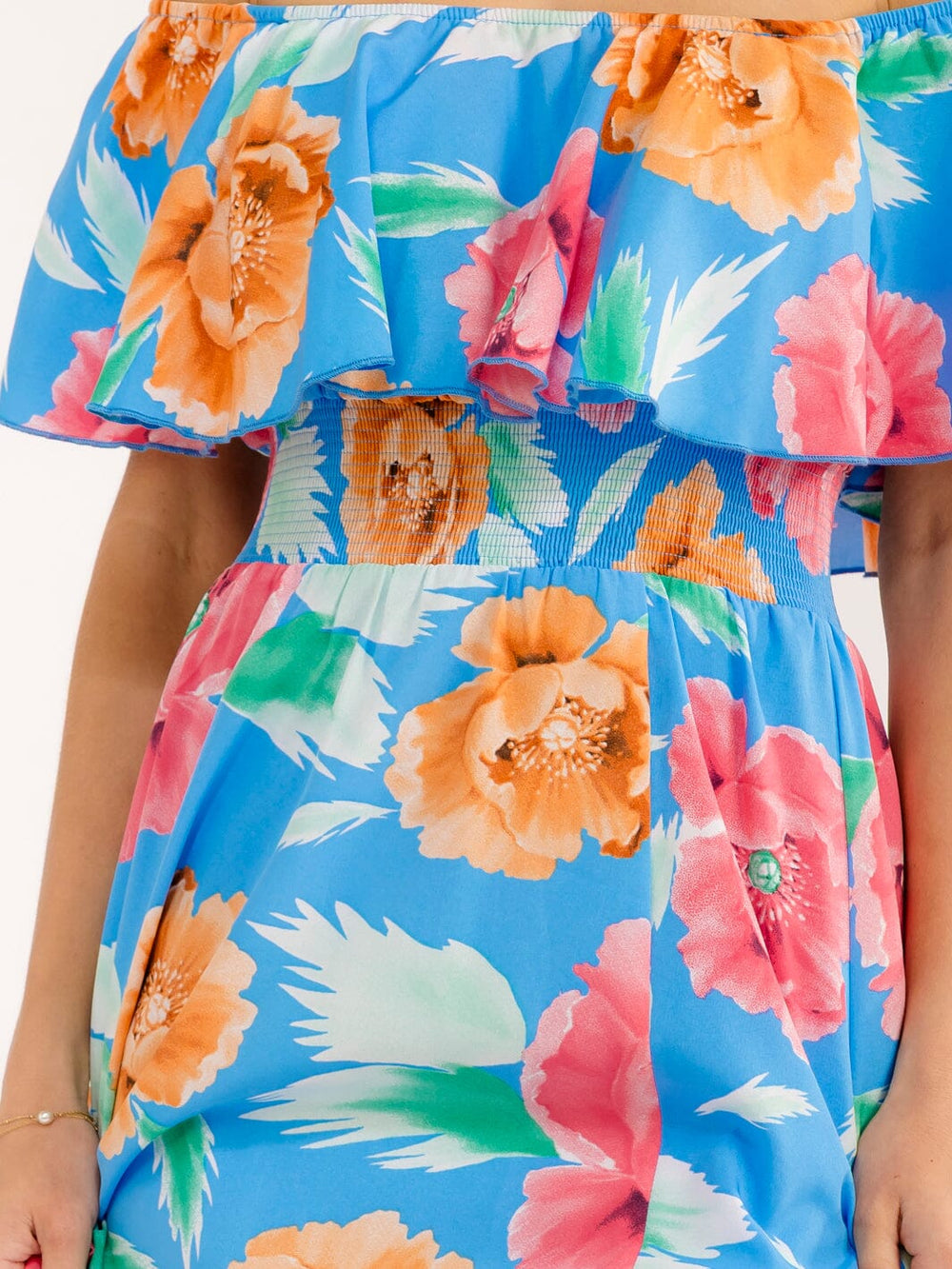 WOMEN'S OFF SHOULDER SHORT SLEEVE SMOCK WAIST SIDE SLIT FLORAL MAXI DRESS