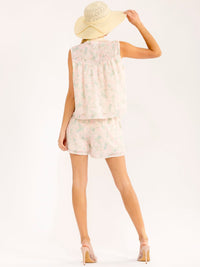 WOMEN'S SLEEVELESS BUTTON UP TOP & ELASTIC WAIST POCKETS MINI SHORT CROCHET FLORAL 2PC. SET