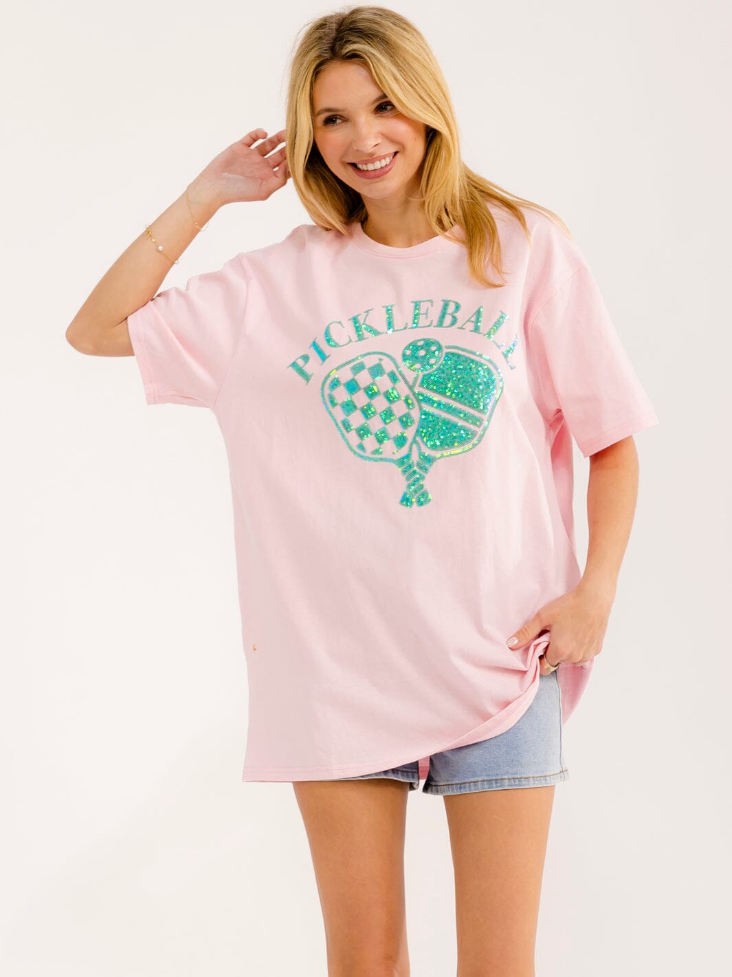 WOMEN'S SHORT SLEEVE SEQUINS GRAPHIC OVERSIZED T-SHIRT