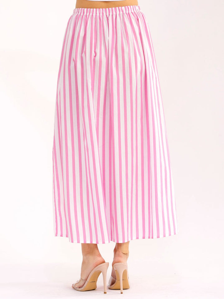 WOMEN'S ELASTIC WAIST COLORBLOCK STRIPES MAXI SKIRT