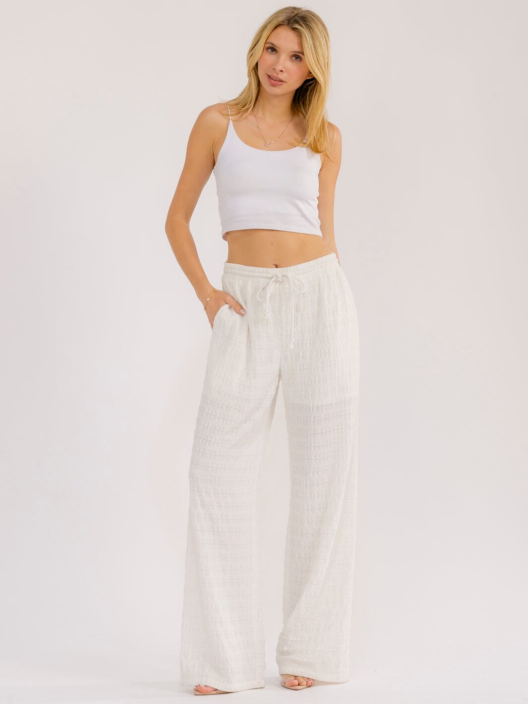 WOMEN'S ELASTIC WAIST FRONT POCKETS WIDE LEG PANTS