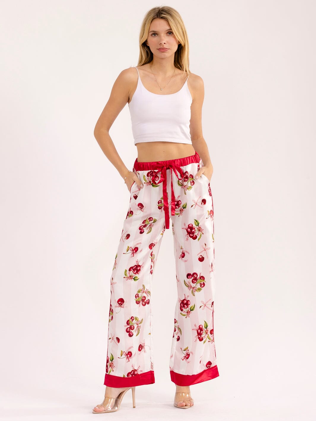 WOMEN'S ELASTIC WAIST FRONT POCKETS MULTI PRINT WIDE LEG PANTS