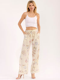 WOMEN'S ELASTIC WAIST FRONT POCKETS MULTI PRINT WIDE LEG PANTS