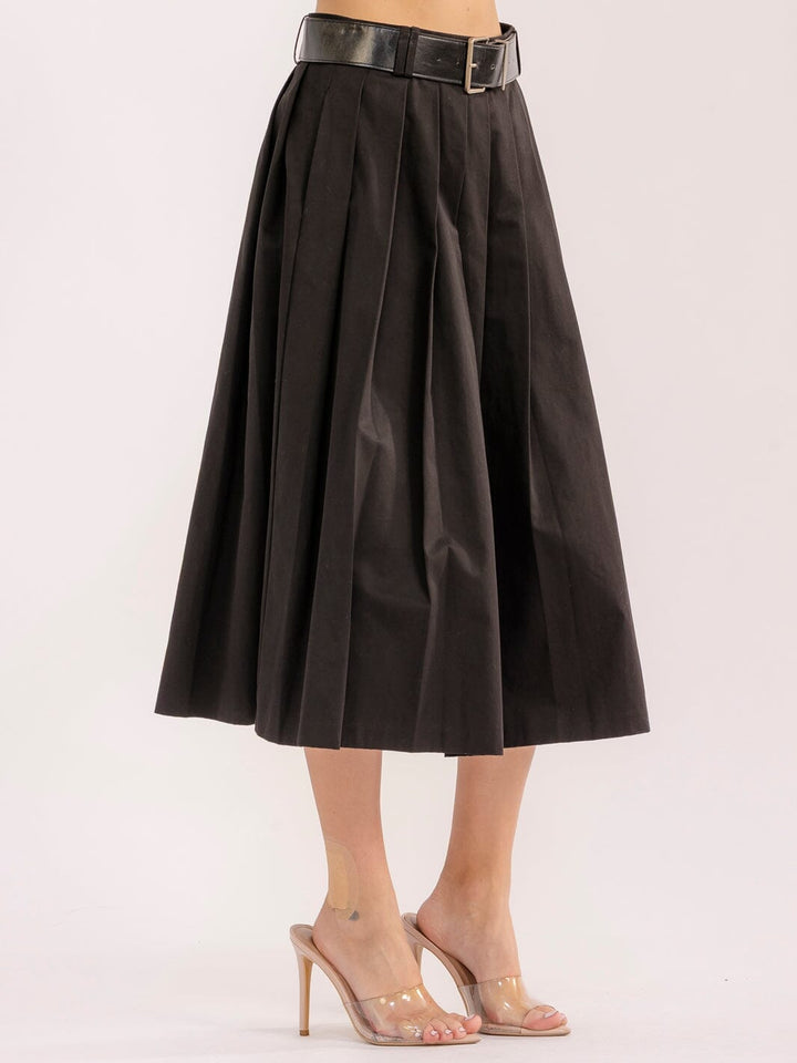 WOMEN'S ZIP UP FRONT POCKETS BELTED FLARE MIDI SKIRT