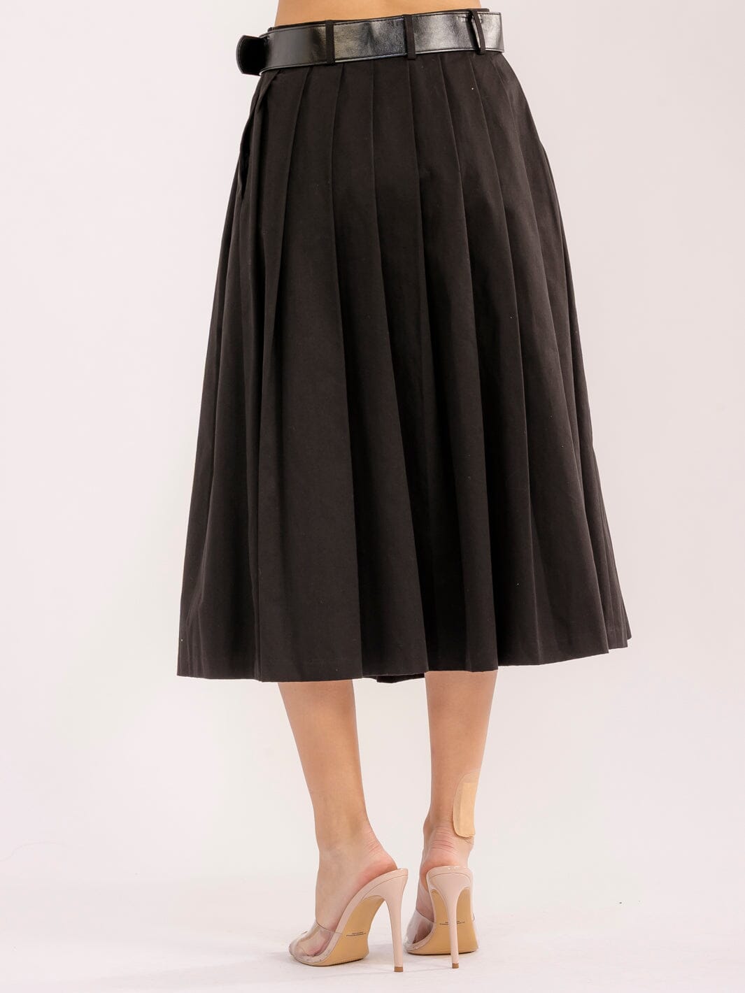 WOMEN'S ZIP UP FRONT POCKETS BELTED FLARE MIDI SKIRT