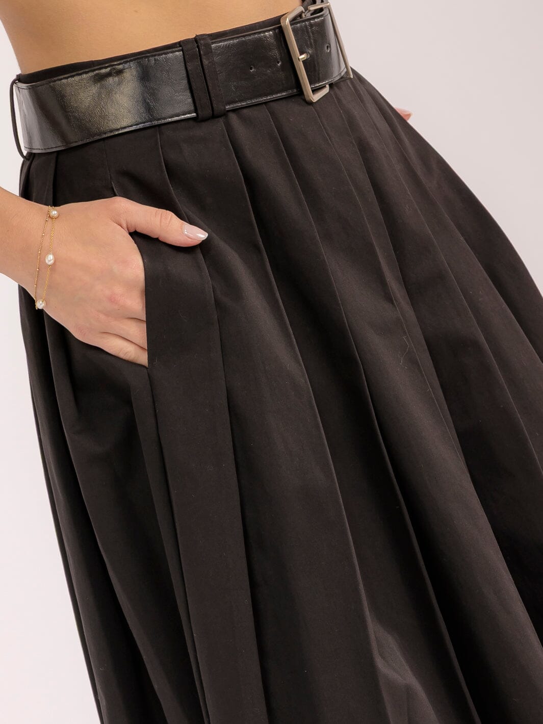 WOMEN'S ZIP UP FRONT POCKETS BELTED FLARE MIDI SKIRT