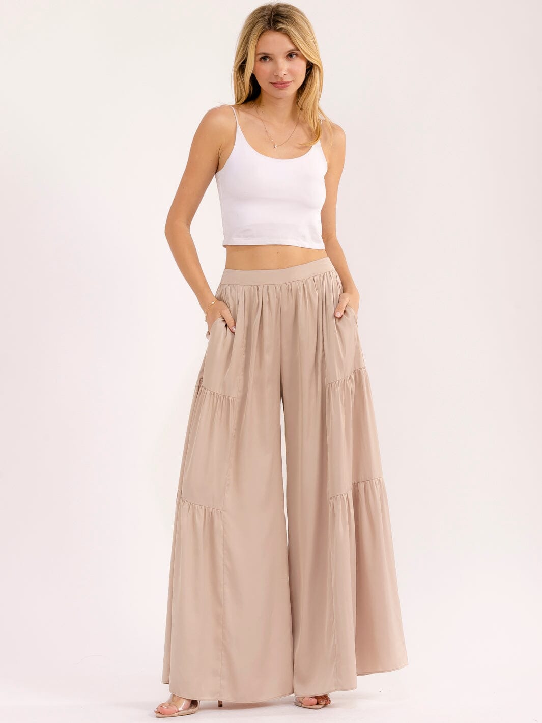 WOMEN'S ELASTIC WAIST FRONT POCKETS TIERED PALAZZO PANTS