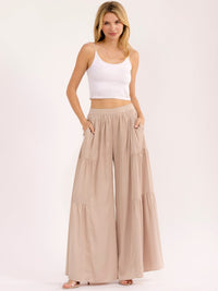 WOMEN'S ELASTIC WAIST FRONT POCKETS TIERED PALAZZO PANTS