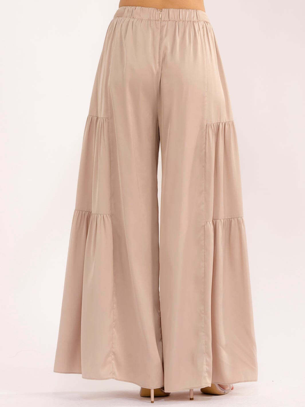 WOMEN'S ELASTIC WAIST FRONT POCKETS TIERED PALAZZO PANTS