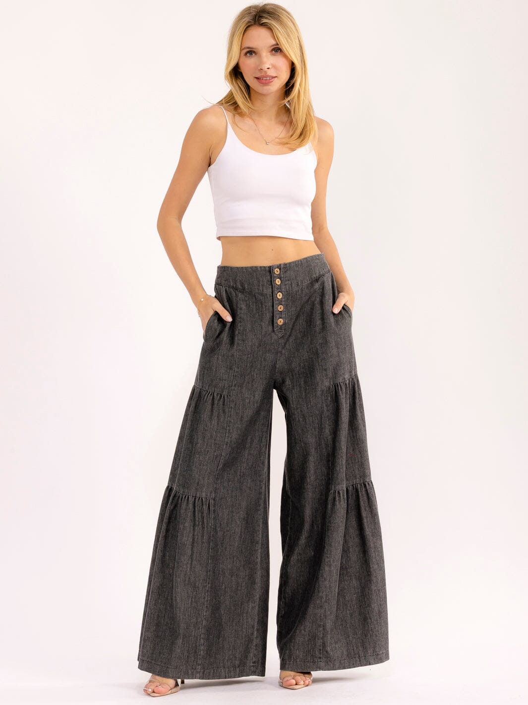 WOMEN'S BUTTON CLOSURE FRONT POCKETS TIERED PALAZZO PANTS