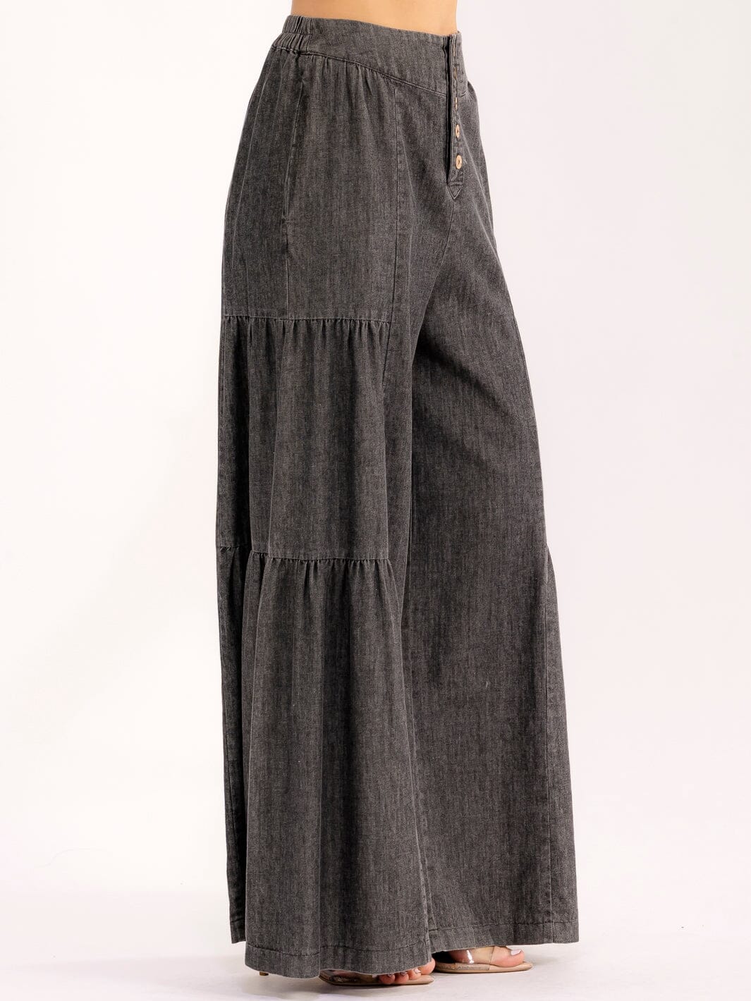 WOMEN'S BUTTON CLOSURE FRONT POCKETS TIERED PALAZZO PANTS