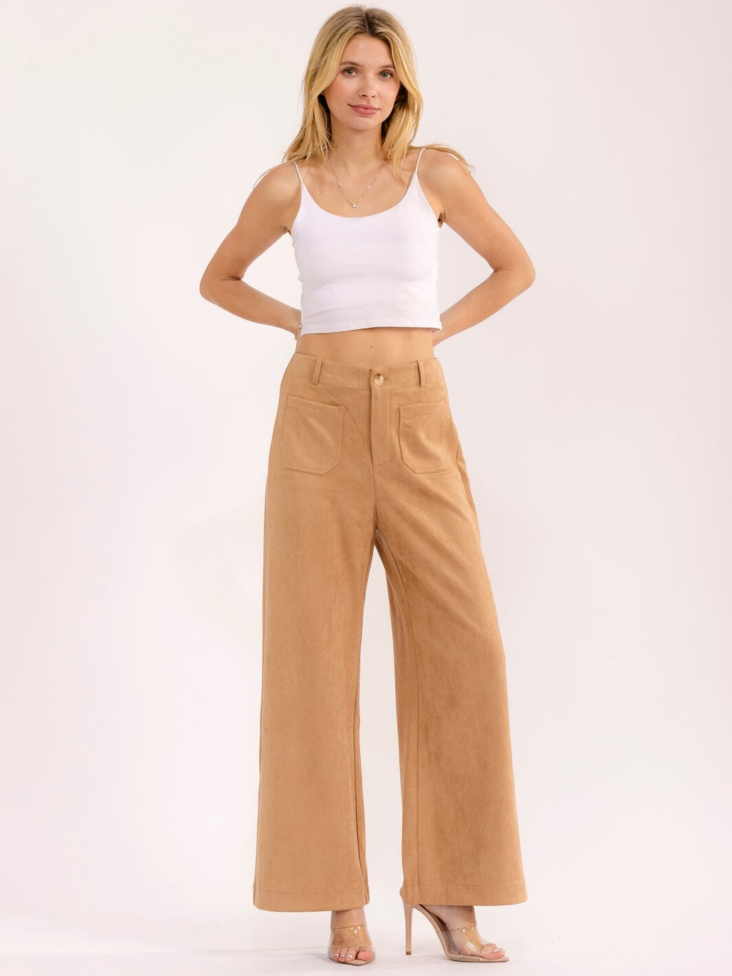 WOMEN'S BUTTON CLOSURE POCKETS WIDE LEG VELVET PANTS