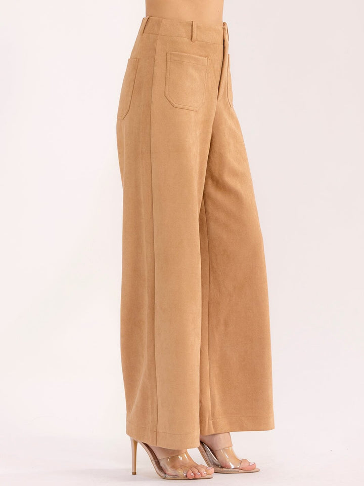 WOMEN'S BUTTON CLOSURE POCKETS WIDE LEG VELVET PANTS