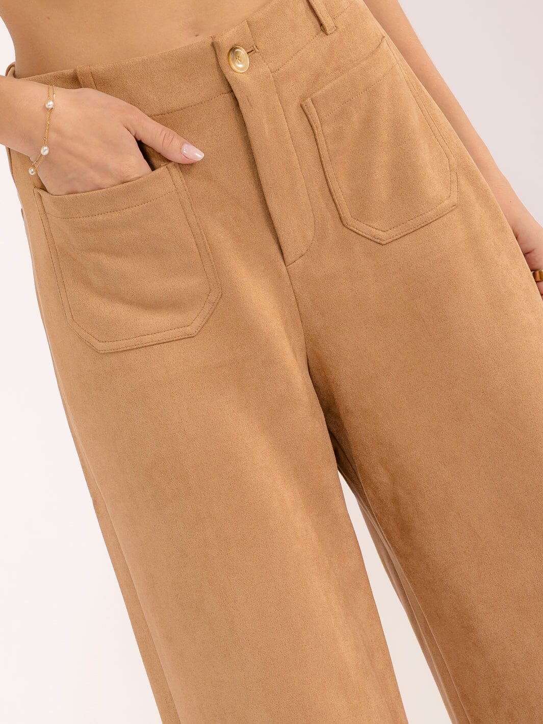 WOMEN'S BUTTON CLOSURE POCKETS WIDE LEG VELVET PANTS