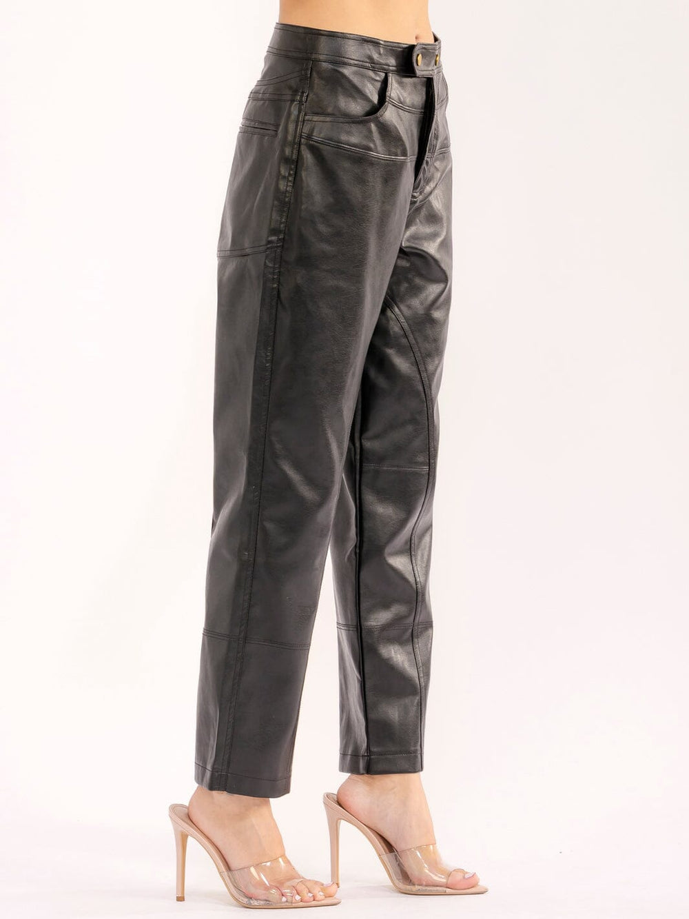 WOMEN'S BUTTON CLOSURE FRONT POCKETS PU PLEATHER STRAIGHT LEG PANTS