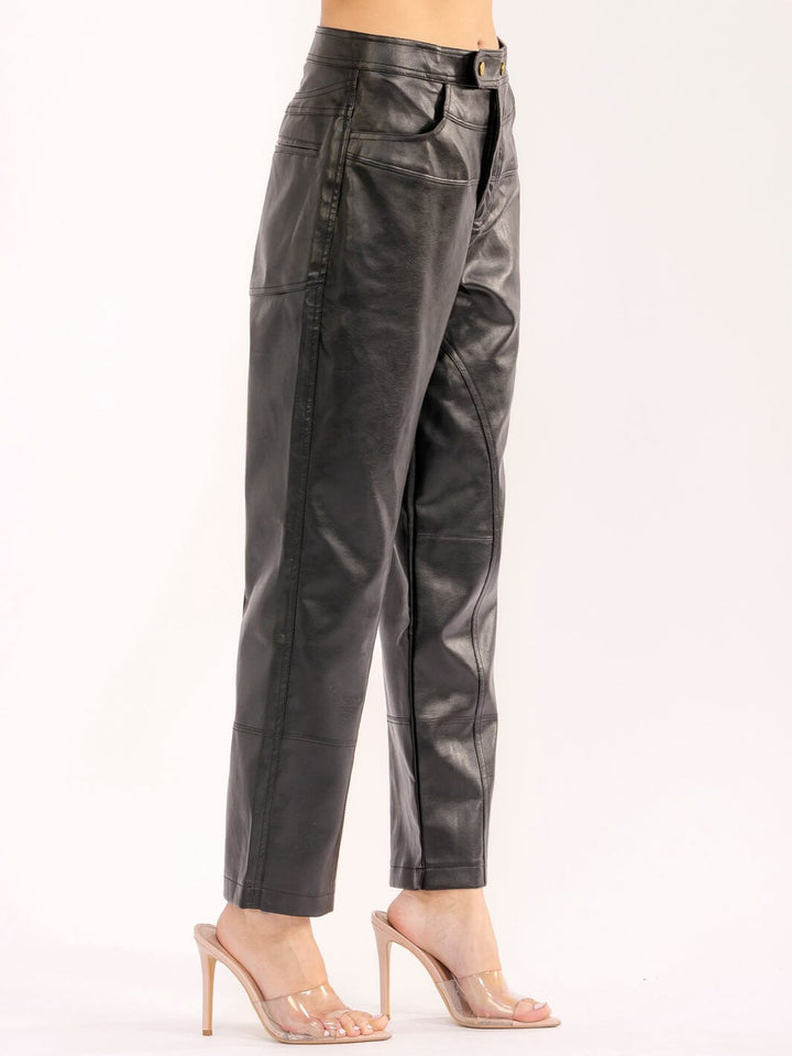WOMEN'S BUTTON CLOSURE FRONT POCKETS PU PLEATHER STRAIGHT LEG PANTS