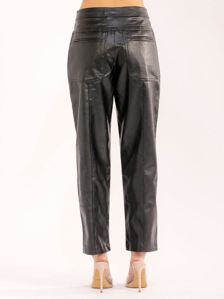 WOMEN'S BUTTON CLOSURE FRONT POCKETS PU PLEATHER STRAIGHT LEG PANTS